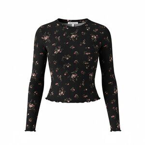 Wallflower Women’s Floral Ribbed Cropped Top M Long Sleeve Cottagecore Festival